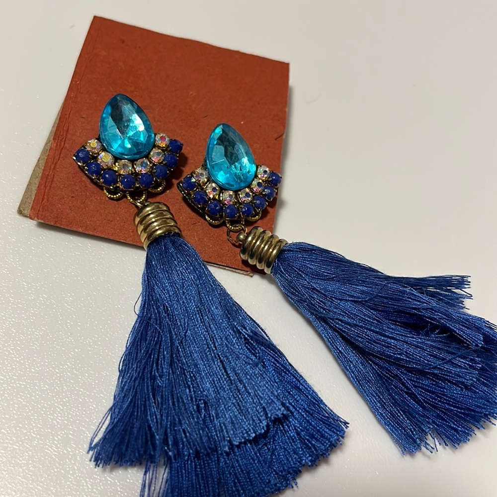 Blue fringe + rhinestone statement earrings